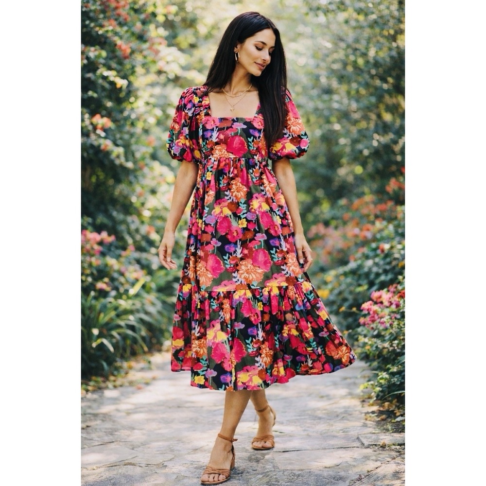 CROSBY by Mollie Burch Black Floral Midi Dress with Pink & Orange Blooms